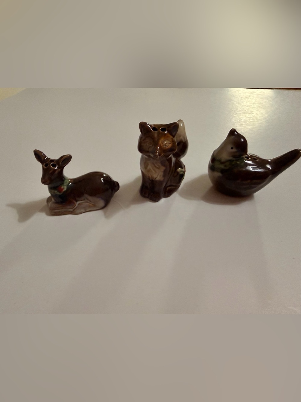 Set of 3 Vintage Ceramic Woodland Fox, Deer, Chicken Salt Shakers
